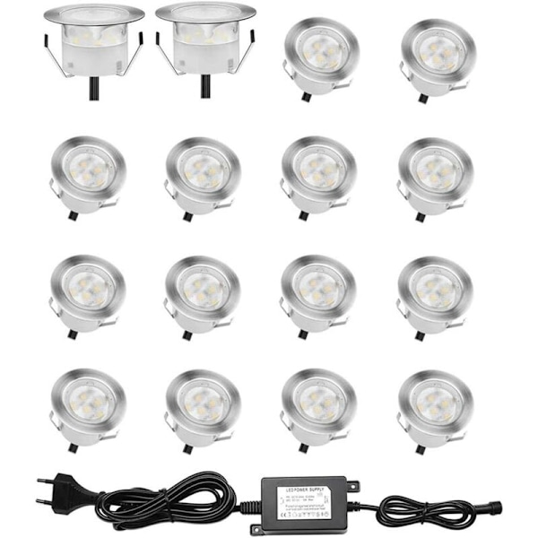 16 kpl LED-upotettuja valaisimia puuterassille, vedenpitävä IP67, ulkokäyttöön tarkoitetut upotetut valaisimet, 0.6W DC12V, valkoinen valo, mini-lampun sarja polulle