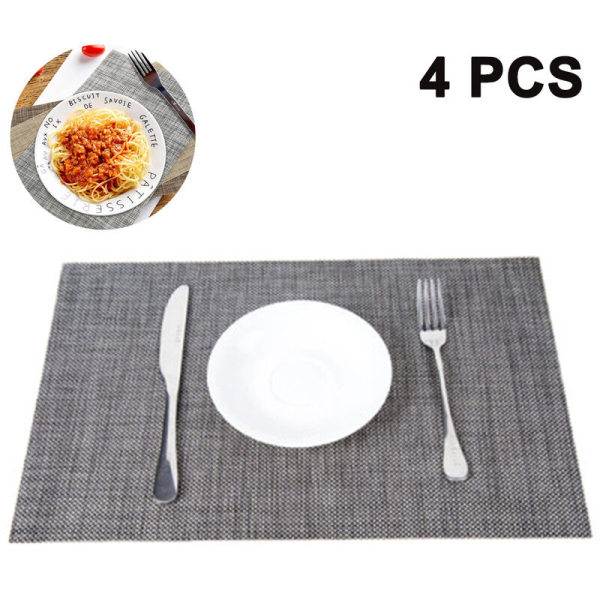 Värme- och fläckbeständiga Halksäkra köksbordsunderlägg 4-delat set, tvättbara hållbara pvc-underläggsunderlägg vävda vinylunderlägg, grå