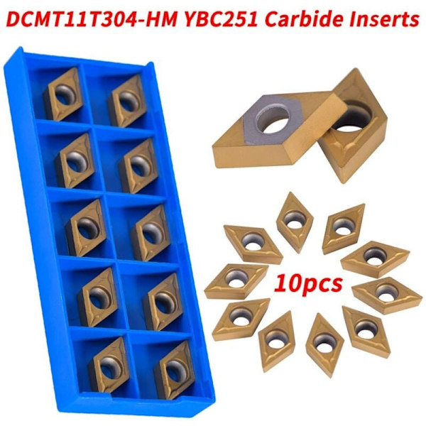 Æske med 10 stk. Rotationsindsatser Diamantform CNC Carbide Skær DCMT11T304-HM YBC251 Gevindskæring Drejeværktøj til Stålfinish til Drejebænke, Fræsning