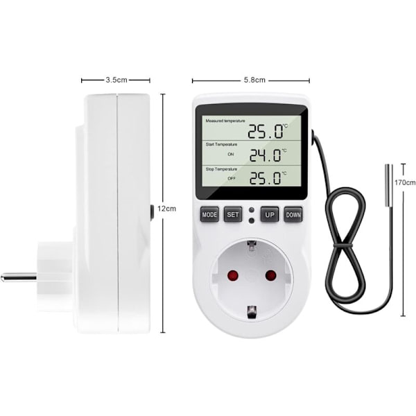 230V Temperaturregulator Stikkontakt med Sensor Digital Termostat Stikkontakt LCD Display Temperaturkontakt med Timer Velegnet til Køleskab Opvarmning