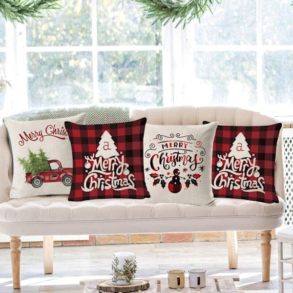 4-pack Jul Kuddfodral, Jul Kuddkuddar, God Jul Kuddfodral, Linne Dekorativa Kuddkuddar, Jul Kuddfodral