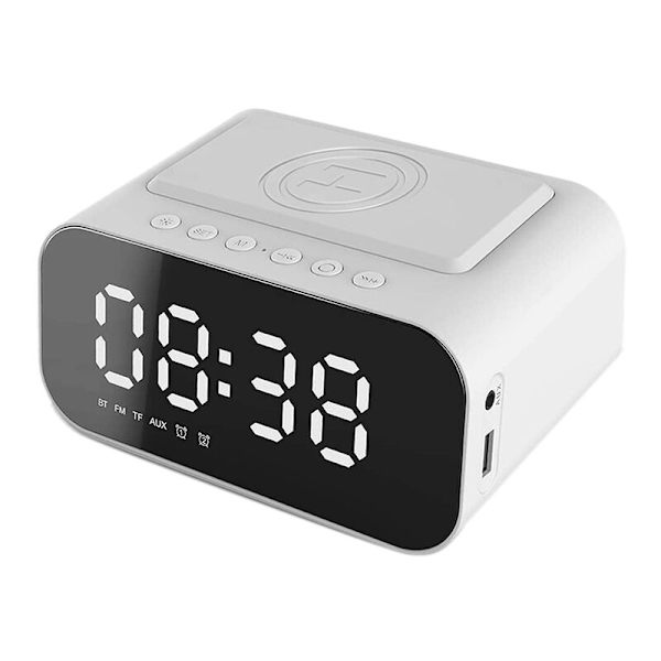 Väckarklocka med trådlös laddning, radio Bluetooth-högtalare med digital klocka för hemmet med USB-port, stor spegel LED-display