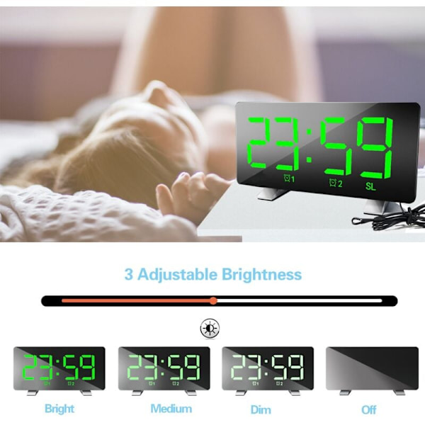 Digital väckarklocka, dubbel väckarklocka med laddningsport, ljussensor snooze-tid justerbar sängbord D