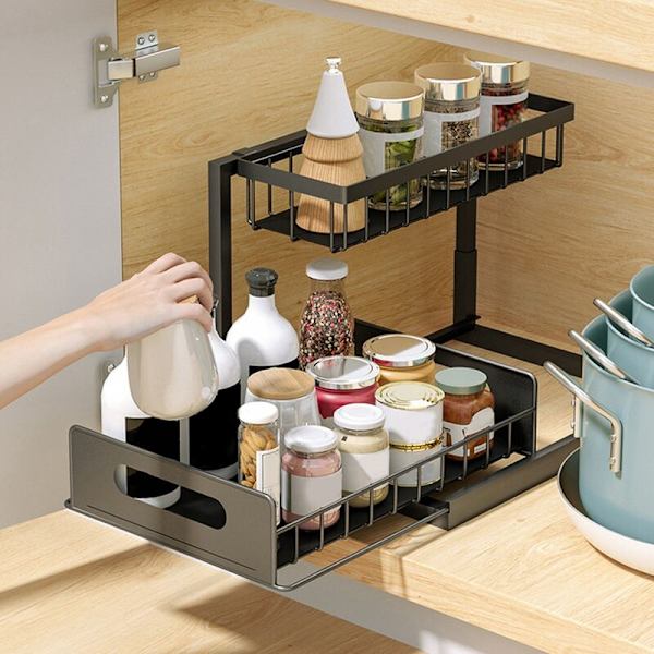 Diskhoorganiserare, Multi-Use 2 Tier Glidande Skåpsorganiserare för Under Köksho Organiserare och Förvaring