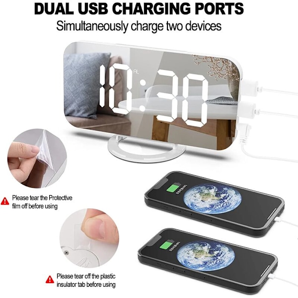 Digital väckarklocka, LED-väckarklocka med snooze-funktion, spegelväckarklocka med 2 USB-laddningsportar, justerbar ljusstyrka, 12/24H för sovrummet