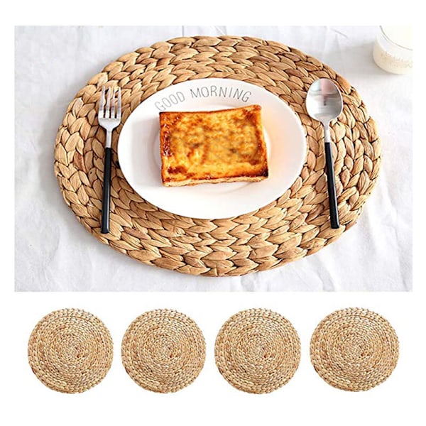 Sjøgress Placemat (Flettet Vannhyasint) - 30cm - Vaskbar - Rund, Naturlig, Sett med 6