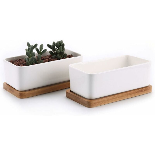 17 cm keramisk suckulentkruka med vit bambu-bricka, set med 2, kaktusväxtkruka, kruka, planteringsbehållare, present till födelsedag, bröllop
