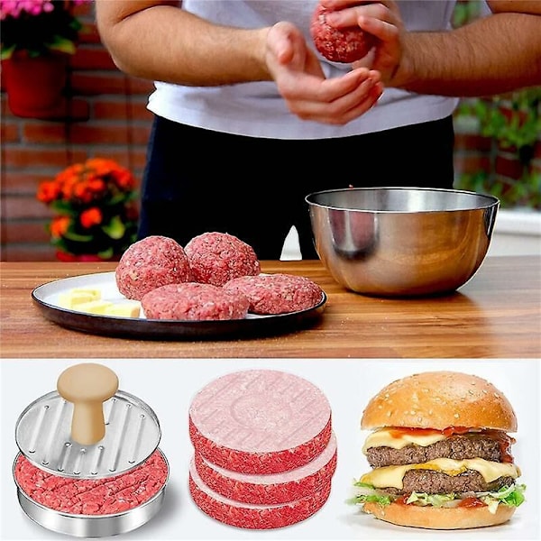 Press, 5 tum rostfritt stål hamburgarepress, patty maker, hamburgarepress, levereras med 50 st