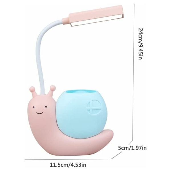 Kids Lamp with Pen Holder, LED Desk Lamp for Kid, Snail Eye Protection Lamp with USB Charging for Student, with 360° Foldable Adjustable Neck, Pink