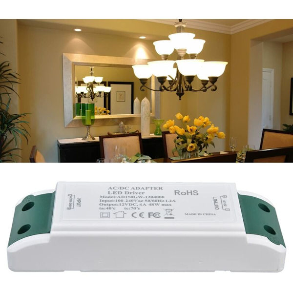 48W 4A Konstant Spændingsadapter, 12V DC LED Strømtransformer, 12V Strømforsyning til LED fra AC100‑240V