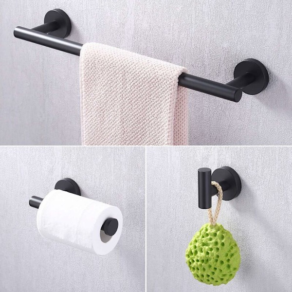 by Amazon Sort af Badeværelsestilbehør i Sort 3 Dele Håndklædeholder Toiletpapirholder Frakkeholder Væghængt 304 Rustfrit Stål Mat Sort, LA20BKDG-32-DENU