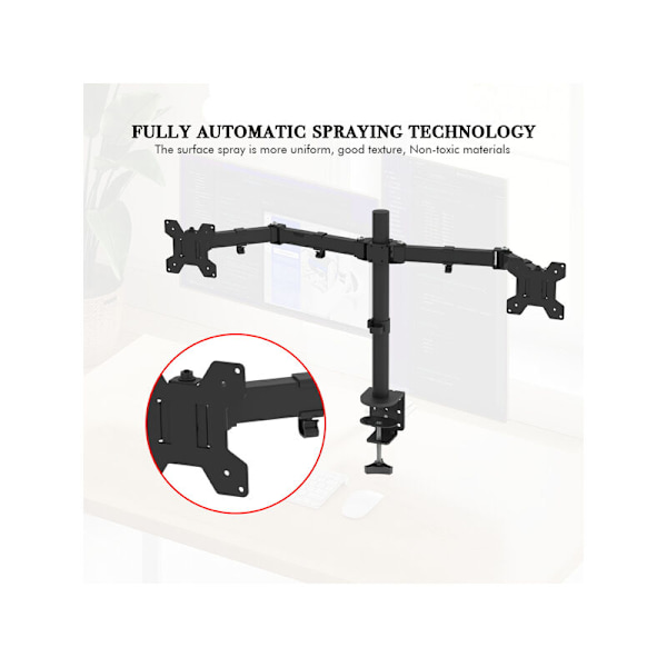 PC-skjermholder 2 for 13-27 tommers skjermer, Høydejusterbar PC-skjermarm, Tilt, Rotasjon og Sving, Maksimal belastning 8 kg per arm, 2 monteringsalternativer