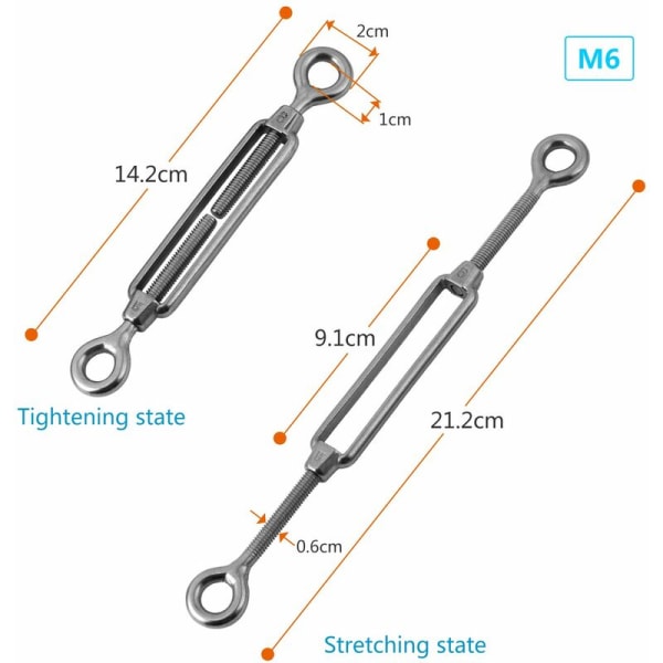 10 stk. kabelstrammer med krok og øye - Laget av 304 rustfritt stål, M6 strammeskrue.