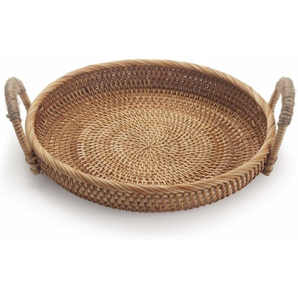 Runde fruktkurver i rotting for bord, flettet brødbratt med håndtak for servering av mat, kjeks, snacks (28 cm i diameter x 4,5 cm høy)