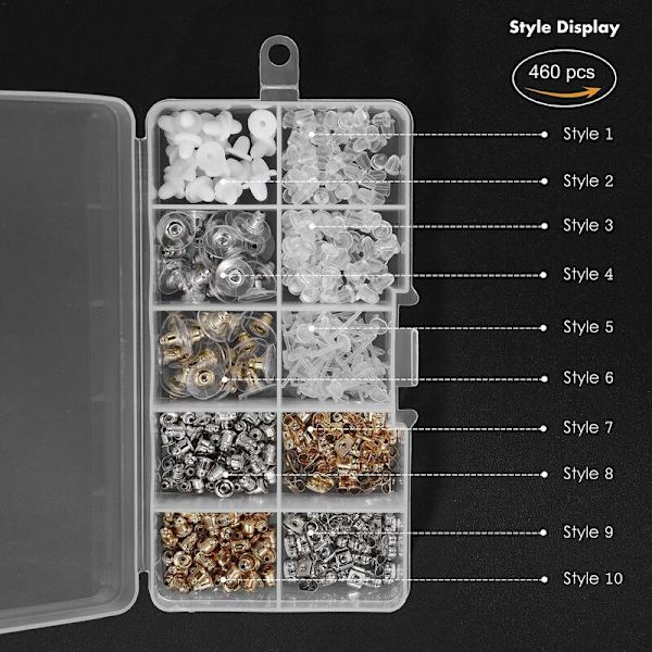 Ørebakker 10 Stiler Stud Øredobber Bøyler Push Backs Klips Kule Sommerfugl Form Metall Gummi Plast Sikre Låser Stoppere, 460 Stykker