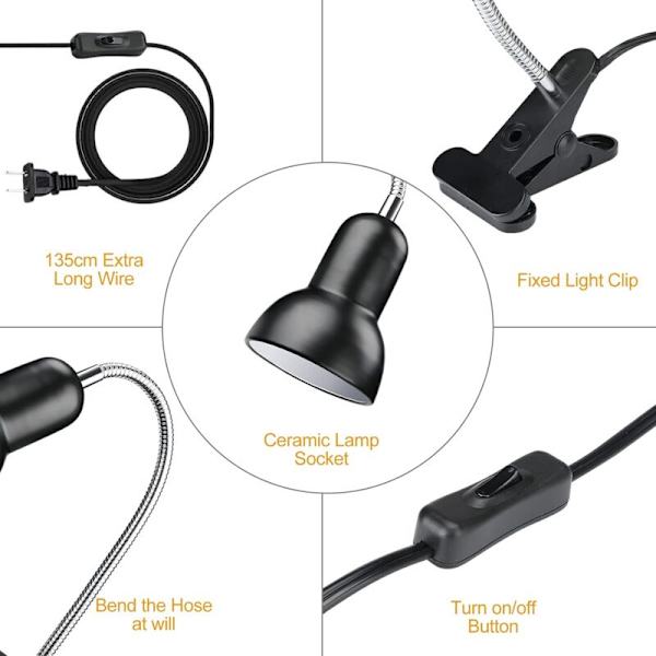 25/50W UVA UVB Reptil Varmelampe med 2 Pærer, Solbadningssted Hængende Lampe med Klips & Afbryder, Kæledyrsvarmelampe til Skildpadde Tank (E27, 220V)