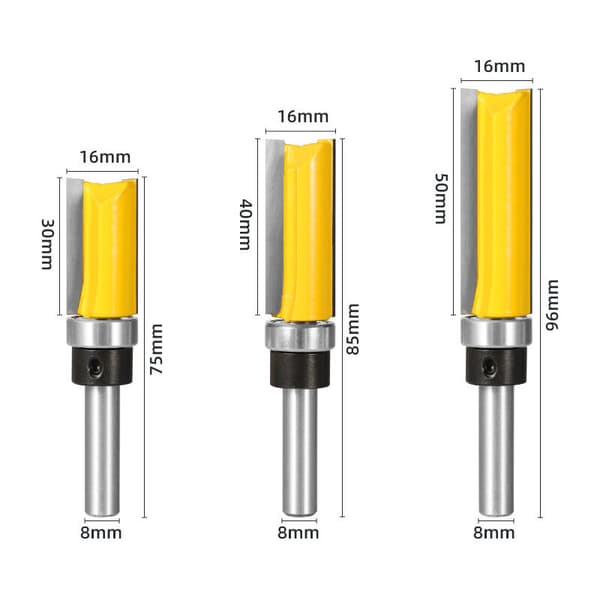 3 stk 8mm skaft flush trimmekutter, trimmekutter kopikutter med topplager, trebearbeidingsfreser -