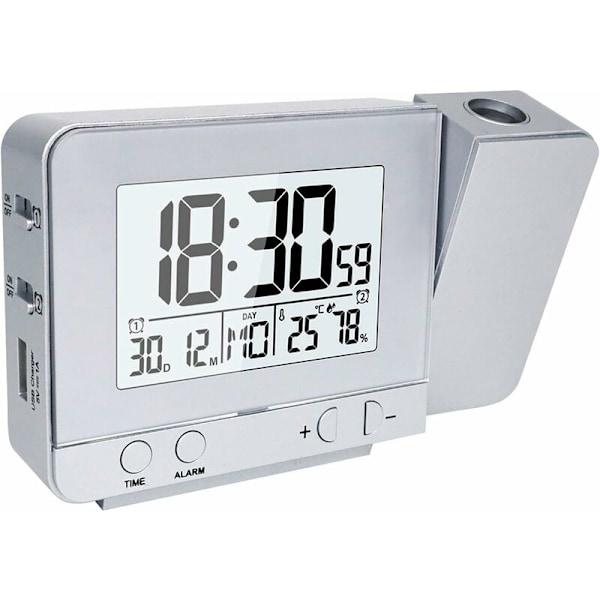 Projektionsure, Elektronisk Vækkeur med Dobbelt Alarm, 12/24 Timer, Dato, Indendørs Temperatur- og Fugtighedsindikator (Sølv)-