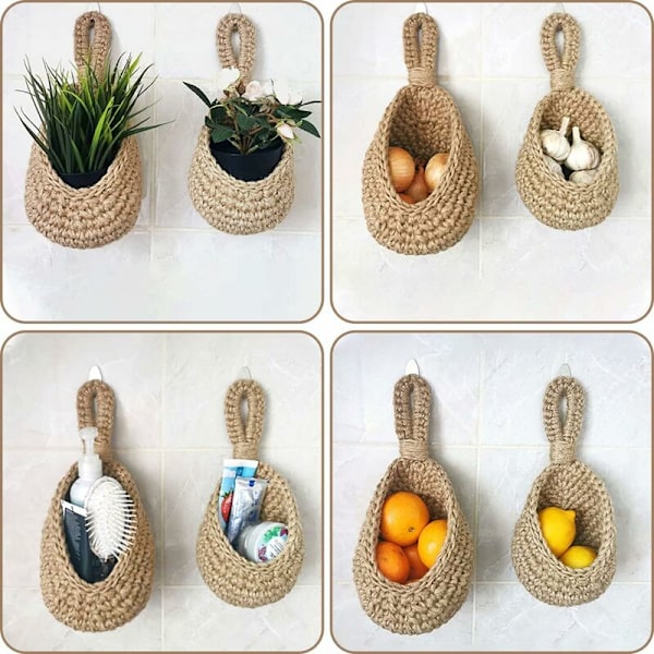Vægophængt Frugt- og Grøntsags Kurve, Håndvævet Jute Vanddråbe Frugt- eller Grøntsagskurv, Køkkenophængt Opbevaringskurv (Højde 32CM, Bredde 25