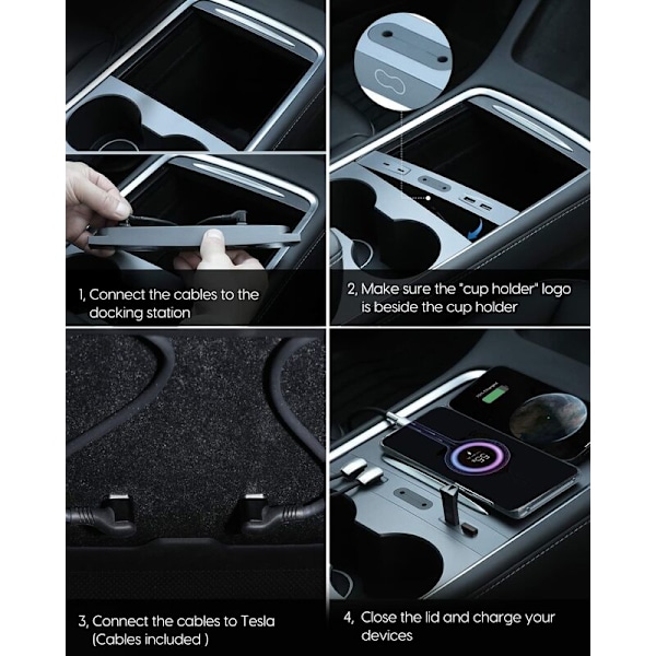 Multiport Biloplader til Tesla Model 3/Y (2021-2023), Centerkonsol USB Hub Dockningsstation 100% Kompatibel med Tesla Model 3/Y, Tesla Tilbehør