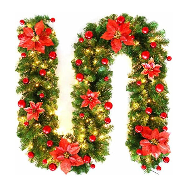Julgirlang, 2,7M Eldstäder Trappor Dekorerade LED-slingor Ornament Julgirlang för Dekoration (Röd)-Fei Yu