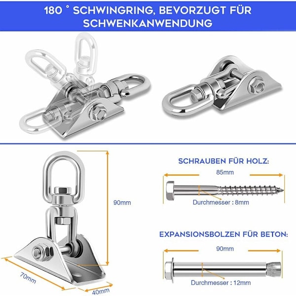 Tunga Takkrok i SUS304 Rostfritt Stål 450KG Kapacitet 360° Rotation, Takset Trä Betong Hängmatta Krokar Hängande Kit med Karabiner