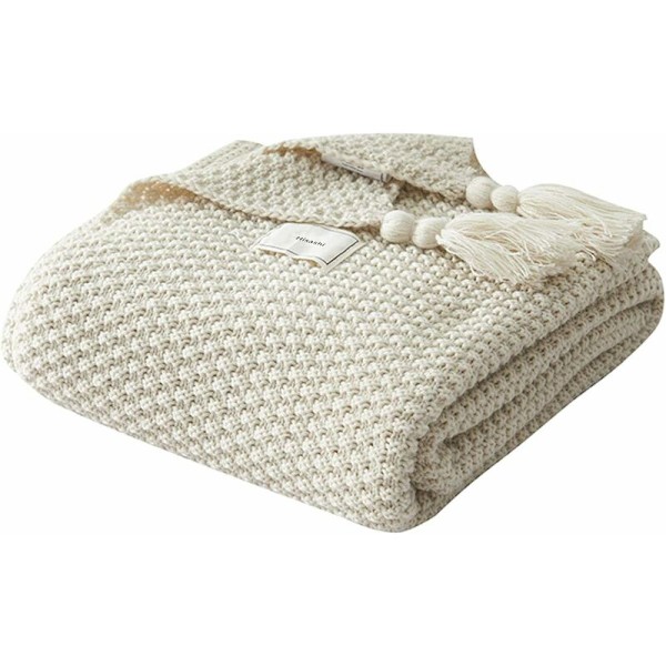Stickad filt kastar soffa överkast bordsmatta mjuk varm nordisk sängkast med handgjord frans för strandpicknick alla årstider (Beige, 130 x 170 cm)