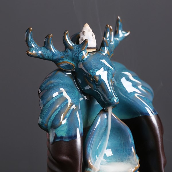 Blå Keramiska Deer Head Backflow Rökelsebrännare Ornament