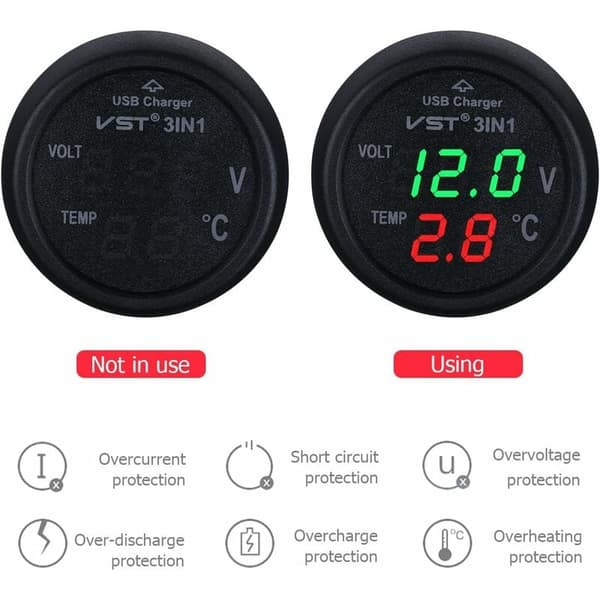 12-24V Billader Stik med USB Port/Voltmeter/Termometer til Biler (Grøn+Rød)