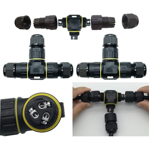 Vandafvisende Stik T-Form/ 2 stk IP68 Ydre Kappe/Kabel Stik max Ø12 mm/Vejrbestandig Udendørs Forbindelseskabel Stik (3 Pole)