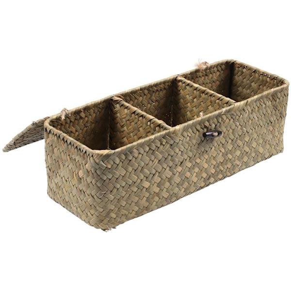 3 osainen säilytyskori kannella Vintage säilytyskotelo Pöytä Olki Teesarja Käsityönä Rattan Meikkilaatikko (Ensisijainen väri)