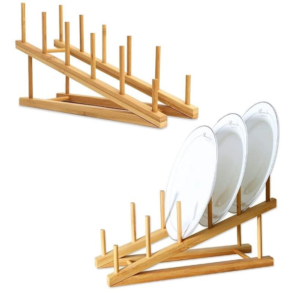2 st Dish Rack i trä, Bambu Tallrikshållare Grytlockshållare, Diskställ Köksorganiserare för Disk Tallrik