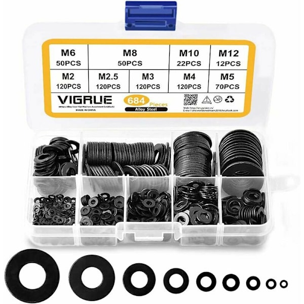 684 stk Flatpakninger i rustfritt stål, 9 størrelser M2 M2.5 M3 M4 M5 M6 M8 M10 M12 (Svart)