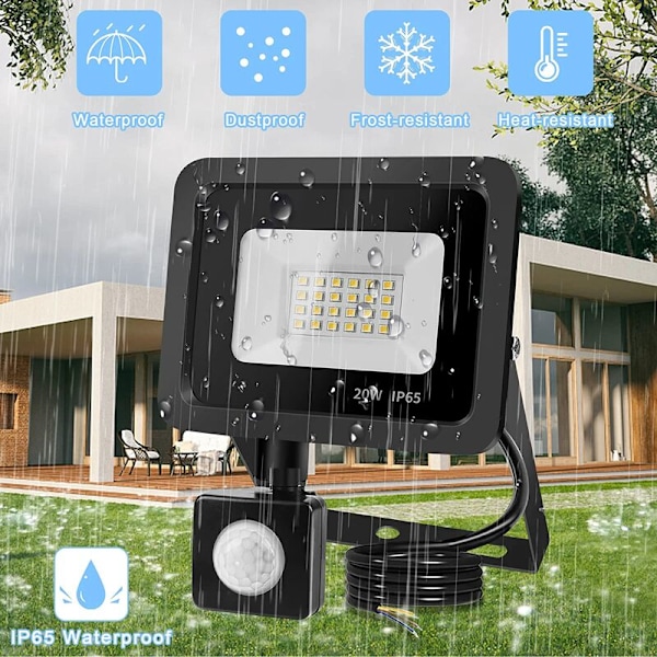 20W LED-belysning med rörelsesensor, 24 LED-utomhusbelysning med sensor IP65 vattentät, LED-belysning 6500K utomhusbelysning för trädgård