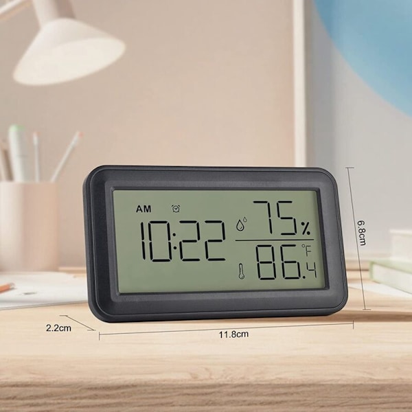 Inomhus Hygrometer Termometer med Väckarklocka, LCD Digital Termometer, för Sovrum, Vardagsrum, Vinkällare (Svart)