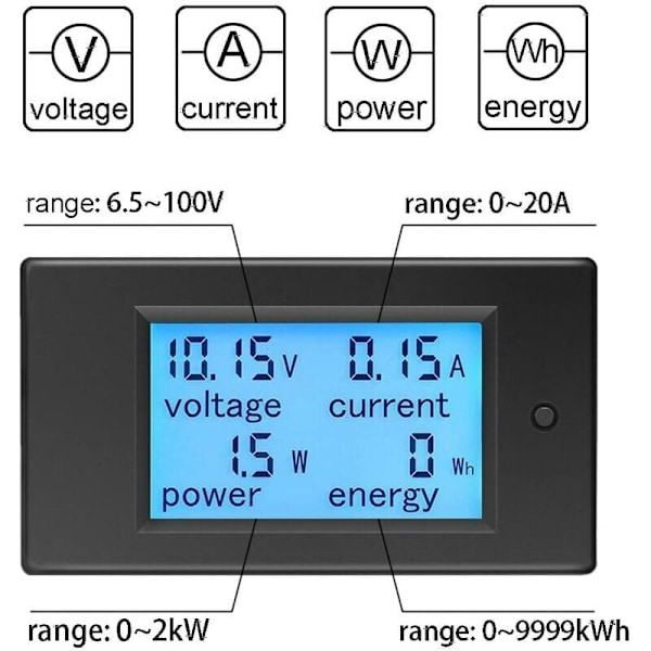 Voltmeter Amperemeter 12V DC 6,5-100V 20A - Spændingsmåler Wattmeter - Spænding Strøm Effekt Tester - LCD Energimåler DC20A