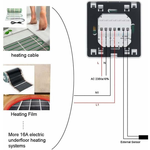 Programmerbar romtermostat med 16A-sonde for elektrisk gulvvarme