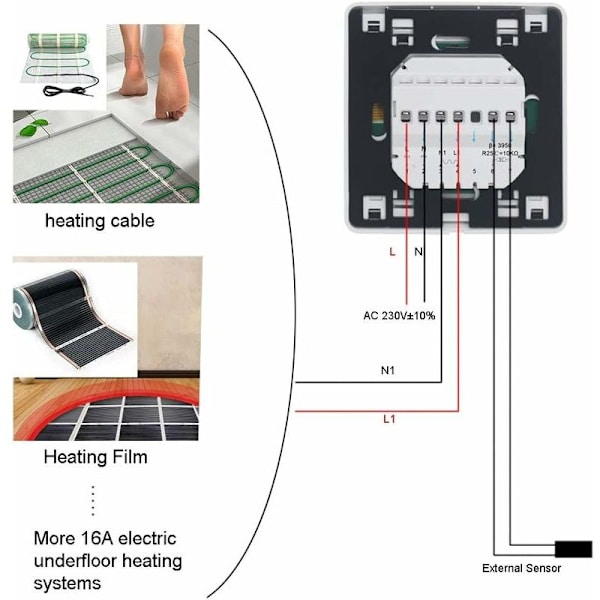 Programmerbar rumtermostat med 16A-føler til elektrisk gulvvarme