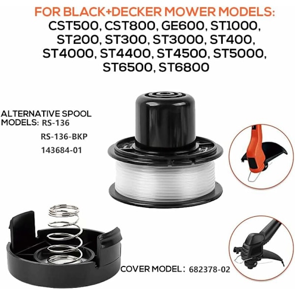 6 Pakk Reserve Spole til Black Decker RS-136-BKP/682378-02 20ft Auto Feed Trimmer Line til GL250/GL310/GL360