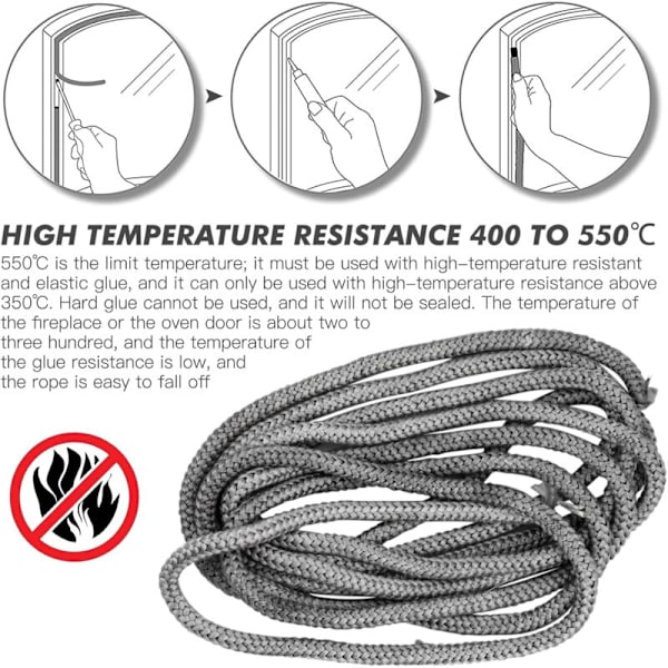Vedspisdörrstätning ​Vedspisglasfiberrep, 10mm Skorstensförsegling 550°C Värmebeständig Tätningslist 4M