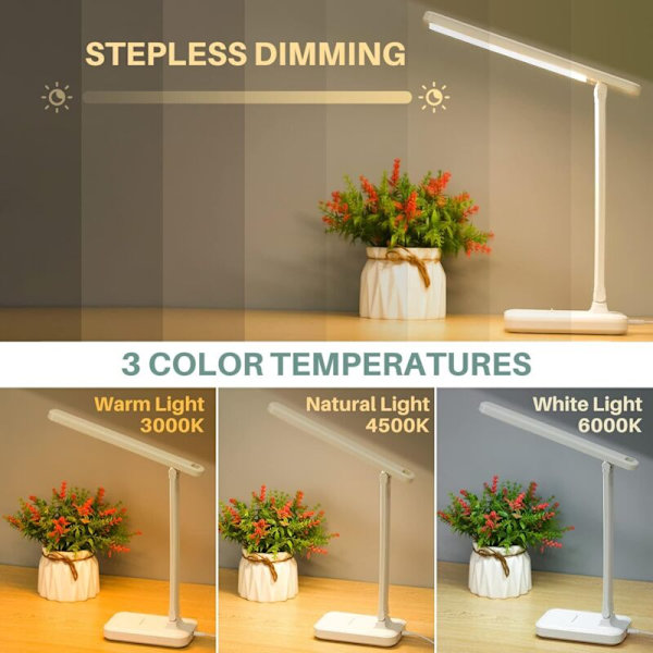 LED-skrivbordslampa med pekkontroll för läsning, flimmerfri, 3 färglägen för ögonskydd, med USB-port/vikbar/uppladdningsbar bordslampa 4800mA