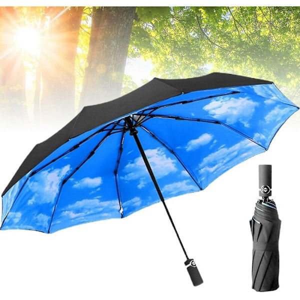 Blå himmel og hvide skyer Tri-Fold paraply fuldautomatisk bærbar vindafvisende solbeskyttelse paraply Z48