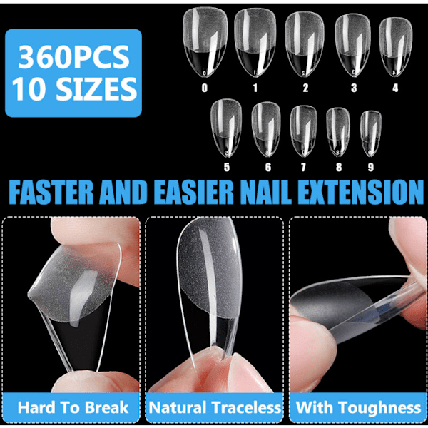 Korte Mandel Negletips, Fuld Dækning Negletips, Semi Mat Forformede Negletips, Gel Negletips - 360 Stk 10 Størrelser, 4 Stk Neglelim