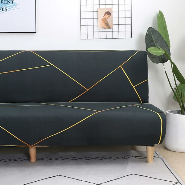 Armløs Futon Sofaseng Trekk - Sklisikkert, Foldbart, Elastisk, Armløst, Beskyttende Trekk for 2-seters Armløs Sofa (Svart/Gull) 155-185 HIASDFLS
