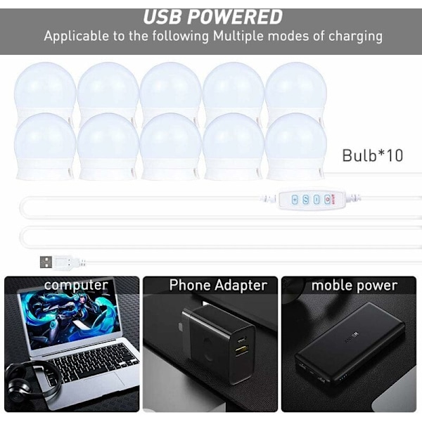 LED-belysningsset för smink spegel, 10 dimbara lampor, dimbart LED-belysningsset med USB-port, 10 ljusstyrkenivåer, 3 färglägen, för sminklampor