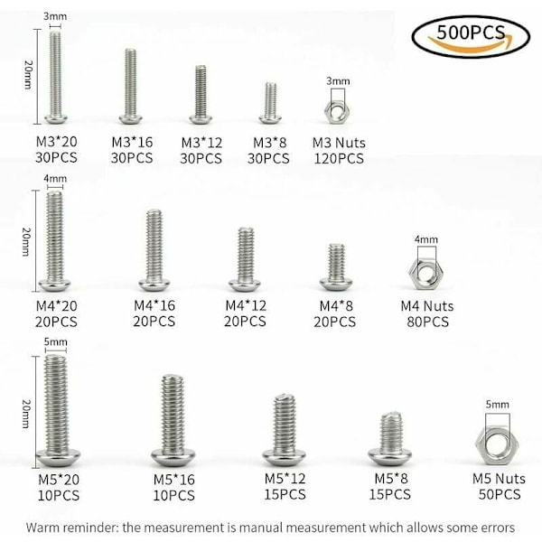 304 Rostfritt Stål M3 M4 M5 Bultar och Muttrar Set - 500 Stycken - Hexagonhuvud Knapp - Skruvar med Förvaringslåda