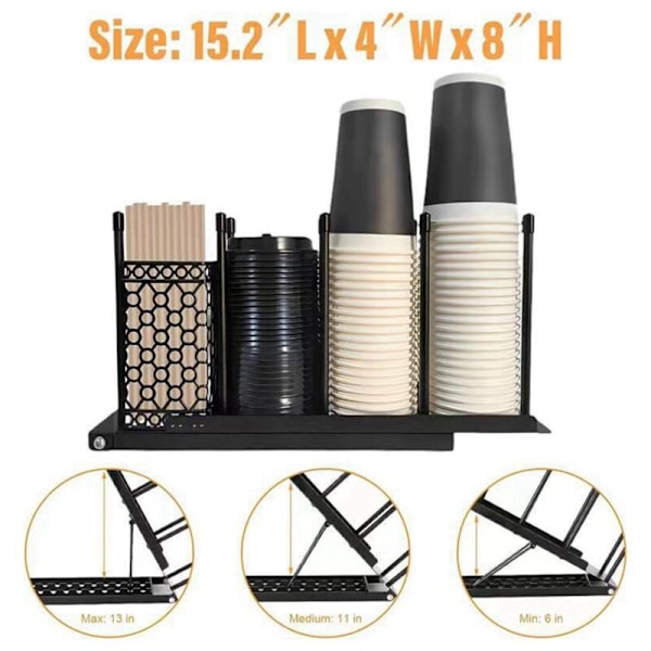 Kaffekoppholder for pauserom, kjøkkenbenk, justerbar høyde, 4 rom, lokkorganisator, oppbevaring, bar B
