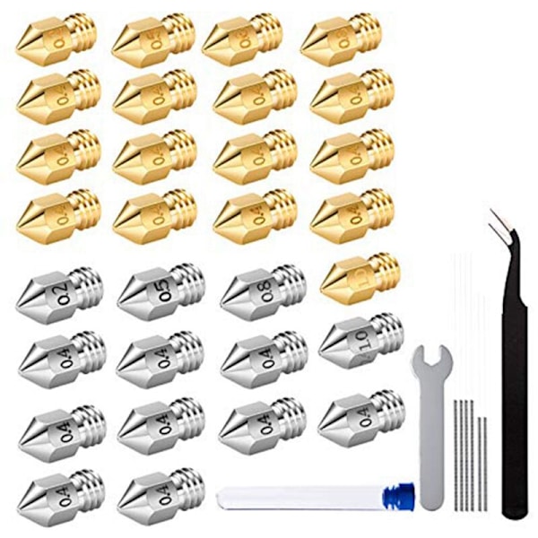 3D-skrivarmunstycke, 0,4 mm MK8-munstycken, 30 st Extrudermunstycken för 1,75 mm filament 3D-skrivare med rengöringsverktyg