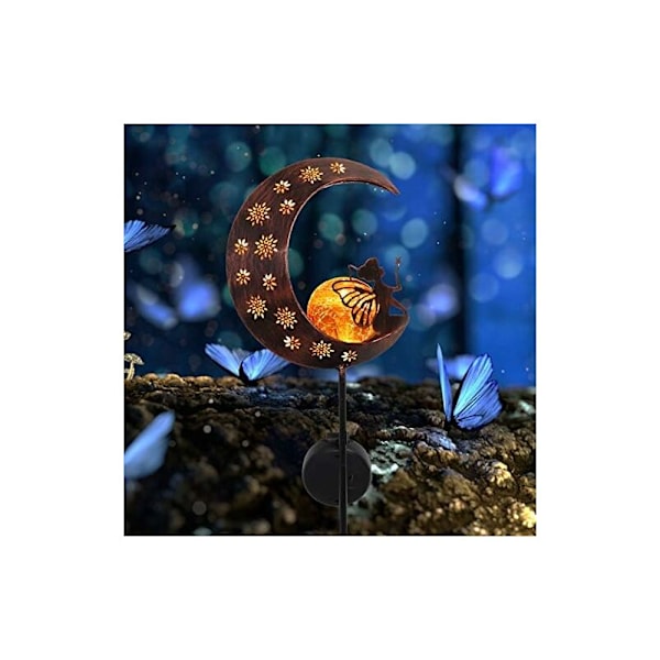 Udendørs Solcellelys 77cm Solcelle Metal Måne LED Glaskugle Havelys Vandafvisende Stilys med Blomst Fee og Jordspids Solcellelampe