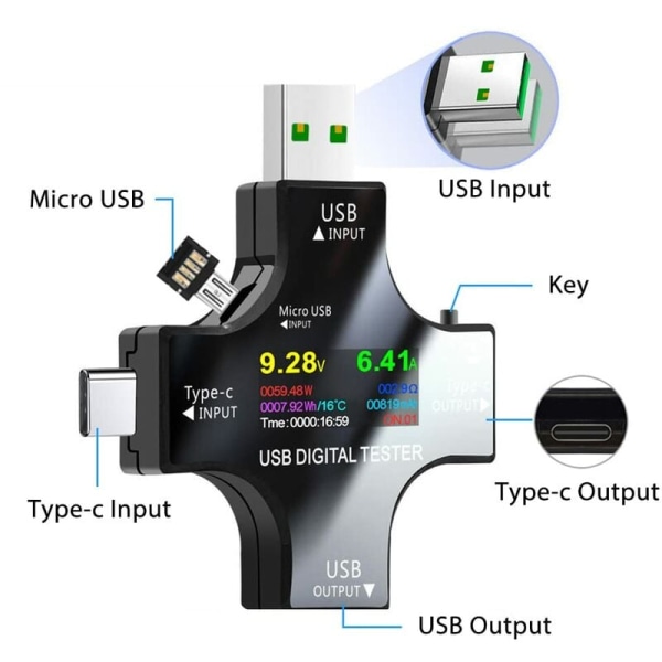 USB-tester multimeter USB C strøm- og spenningsmåler 3,3-30V 0-5,1A tester 2 i 1 voltmeter amperemeter strømforsyningskapasitet wattmeter lader Det